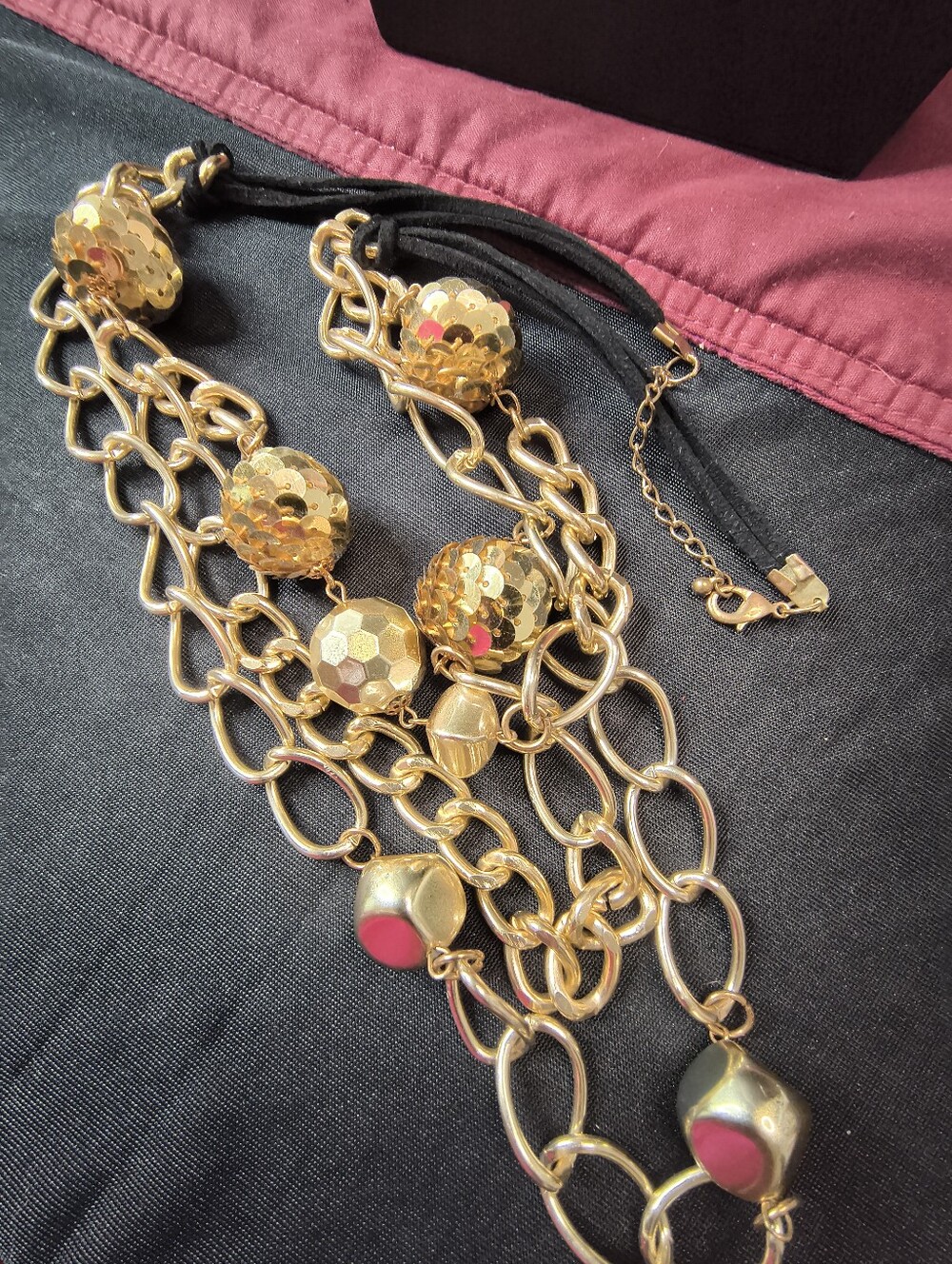 Vintage 1980s Gold Statement Necklace Triple Suede Cord Multi Strand Chunky - Picture 11 of 11